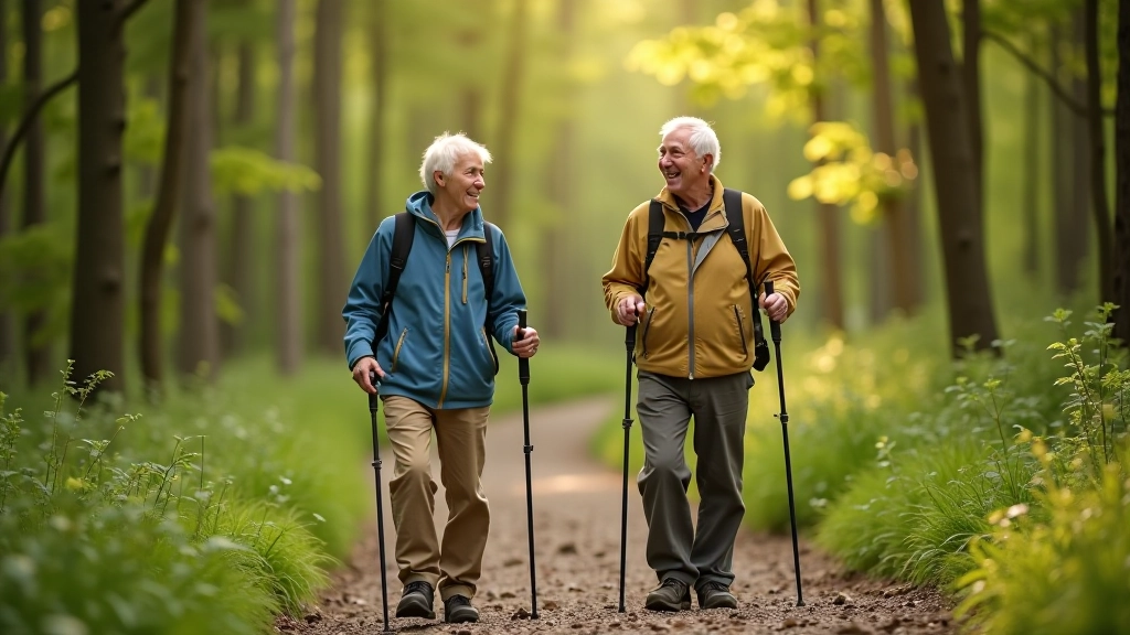 Divi seniori soļo meža takas ar nūjām, smaidot un runājot